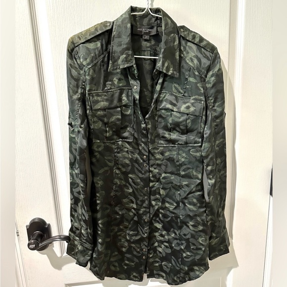 Jill Stuart Camo Green Camp Silk Long Sleeve Shirt Dress - Picture 1 of 10